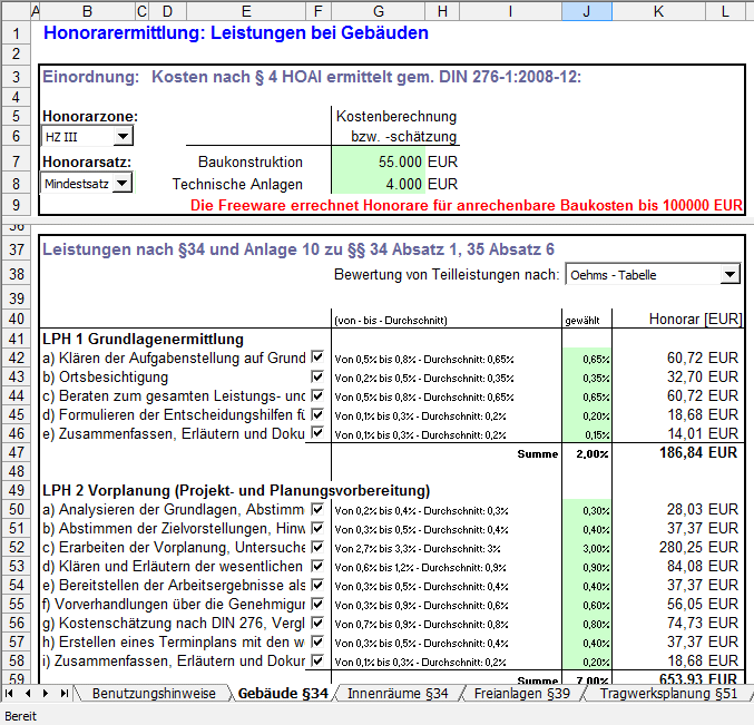 Screenshot HOAI detail Berechnung des Architektenhonorars